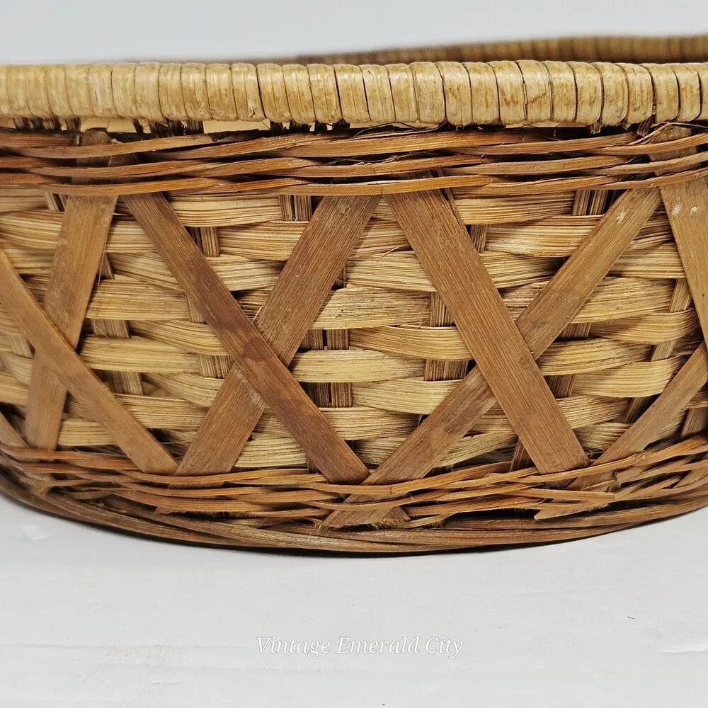 Vtg Round Open Woven Wicker Ratan Basket Catch All Bread Boho Decor MCM Handmade